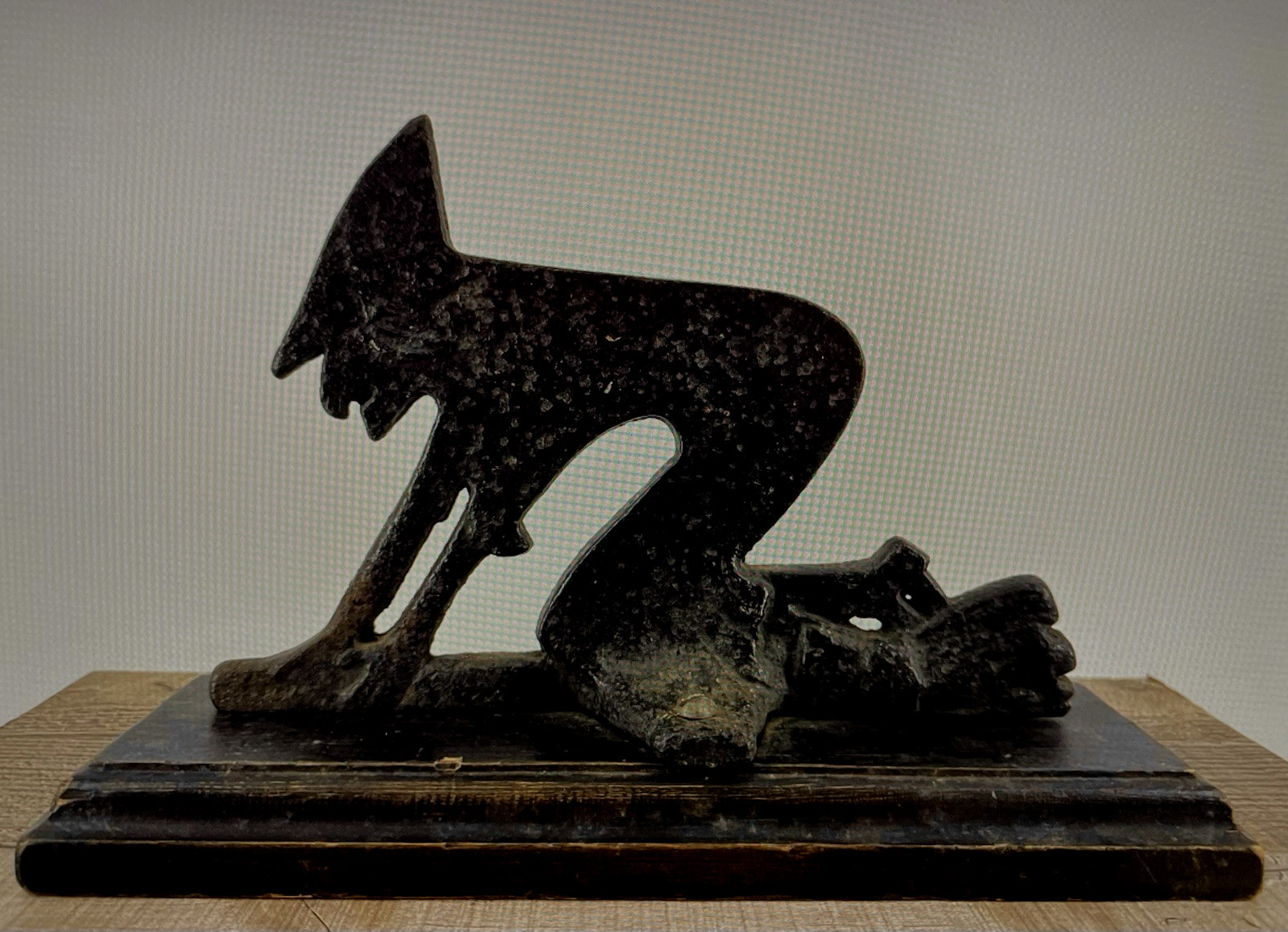 RARE Antique Cast Iron Black Witch Boot Scraper Mounted Wooden Base 8X12" C1880 RARE Antique Cast Iron Black Witch Boot Scraper Mounted Wooden Base 8X12" C1880