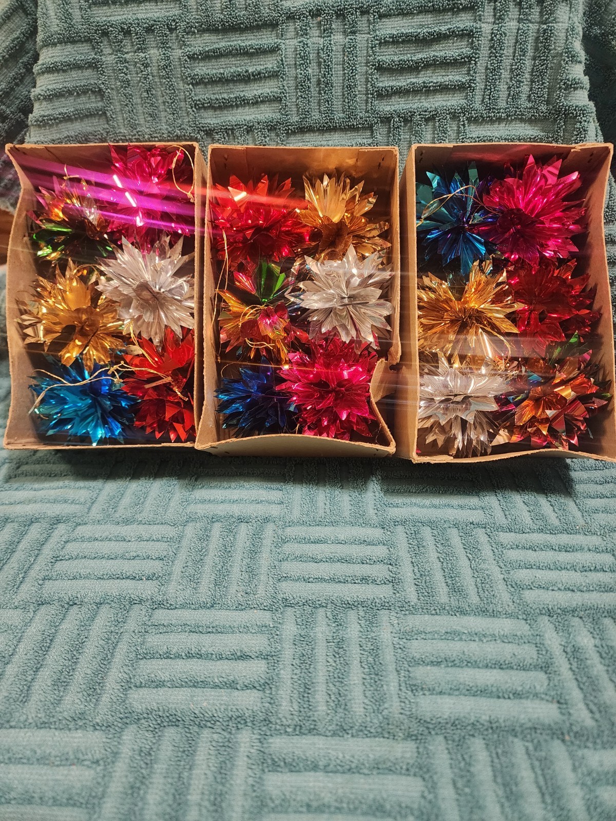 Vintage MCM Aluminum Foil Pom Pom Atomic Tree Ornaments Japan 18 Total