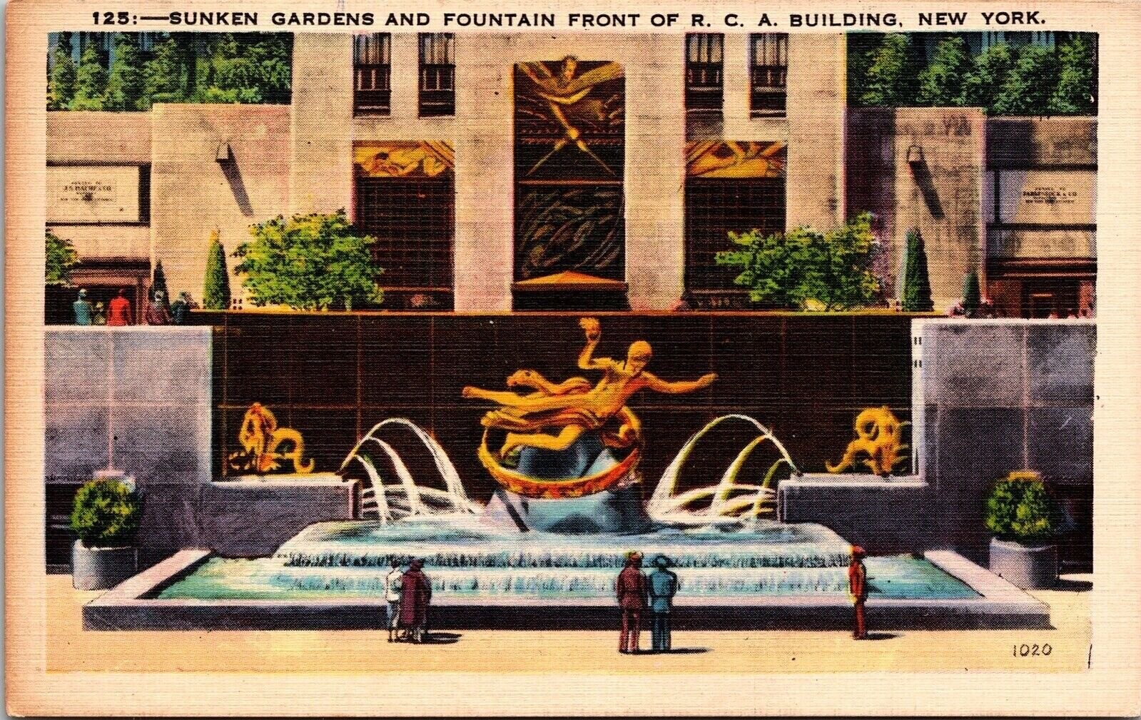 Sunken Gardens Fountain Front RCA Bldg New York NY Linen Postcard UNP VTG Unused Sunken Gardens Fountain Front RCA Bldg New York NY Linen Postcard UNP VTG Unused