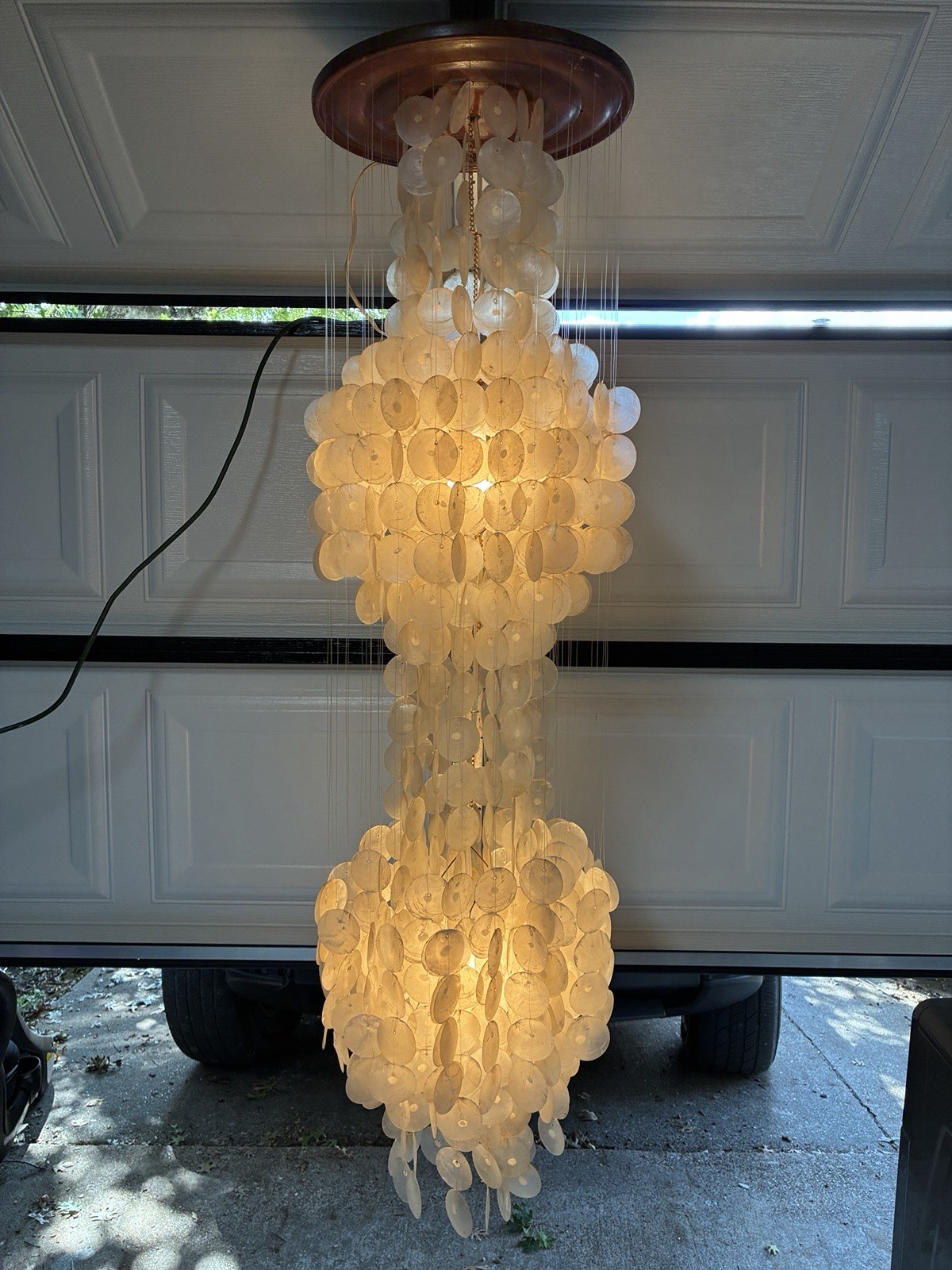 Vintage 1960s-1970s Capiz Shell 2-Tier Chandelier Hanging Lamp 4ft MCM Vintage 1960s-1970s Capiz Shell 2-Tier Chandelier Hanging Lamp 4ft MCM