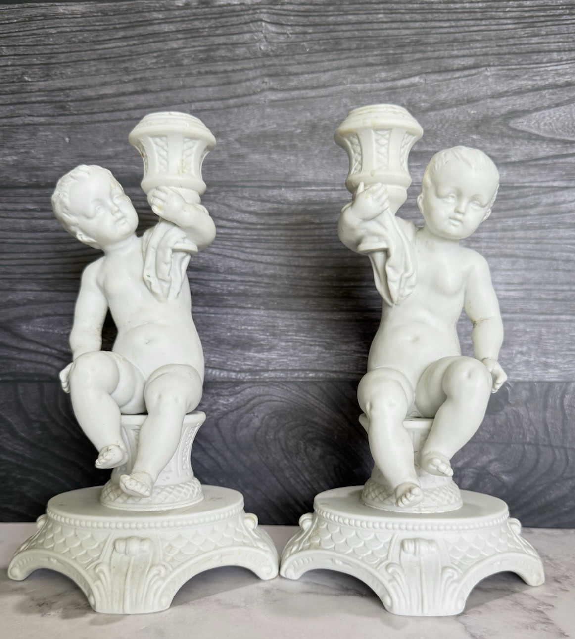 Vintage White Porcelain Cherub Candlesticks Pair Putti Candle Holders Figural Vintage White Porcelain Cherub Candlesticks Pair Putti Candle Holders Figural