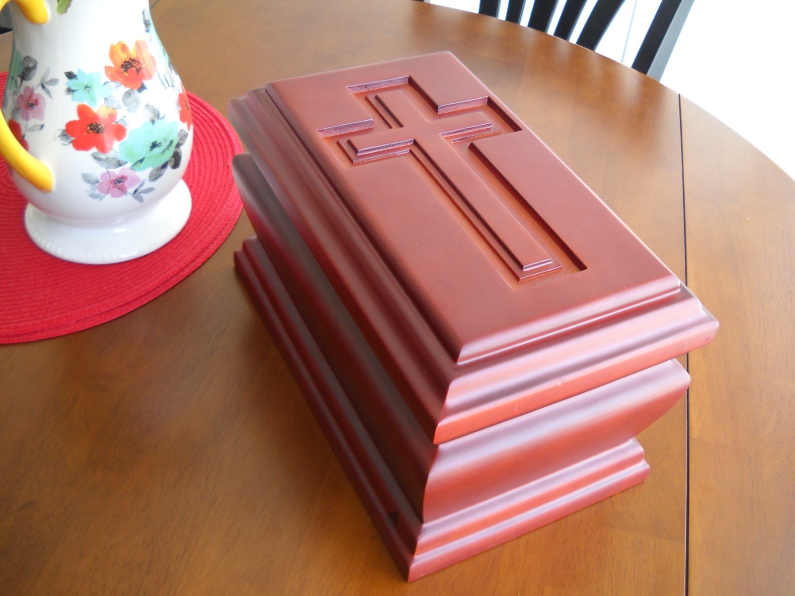 Large Wooden Cremation Urn for Human Ashes. Adult Funeral Box With Carved Cross Large Wooden Cremation Urn for Human Ashes. Adult Funeral Box With Carved Cross