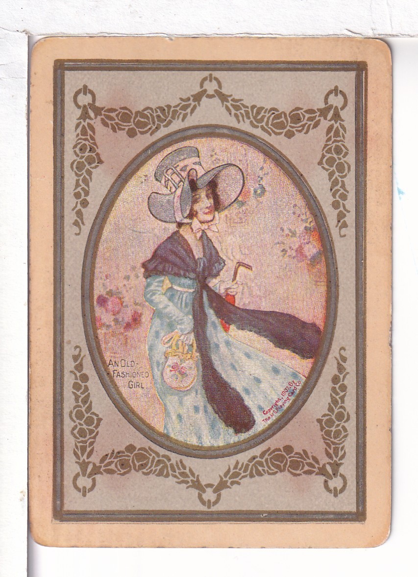 Single Vintage Playing Card US WN "An Old Fashioned Girl", USPC, USA, 1907 Single Vintage Playing Card US WN "An Old Fashioned Girl", USPC, USA, 1907