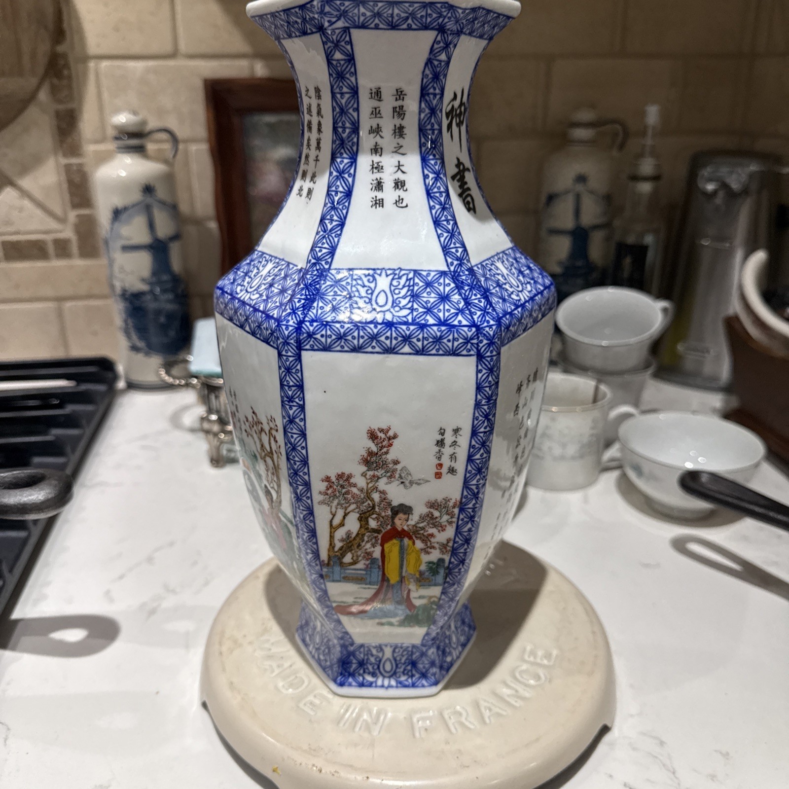 Vintage Ceramic Floral Pottery Vase China Chinese Game Scholar Scene Hexagon 12” Vintage Ceramic Floral Pottery Vase China Chinese Game Scholar Scene Hexagon 12”