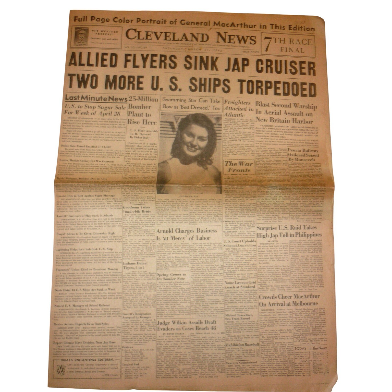 1942 Cleveland News WWII Newspaper General MacArthur Pacific War 1942 Cleveland News WWII Newspaper General MacArthur Pacific War