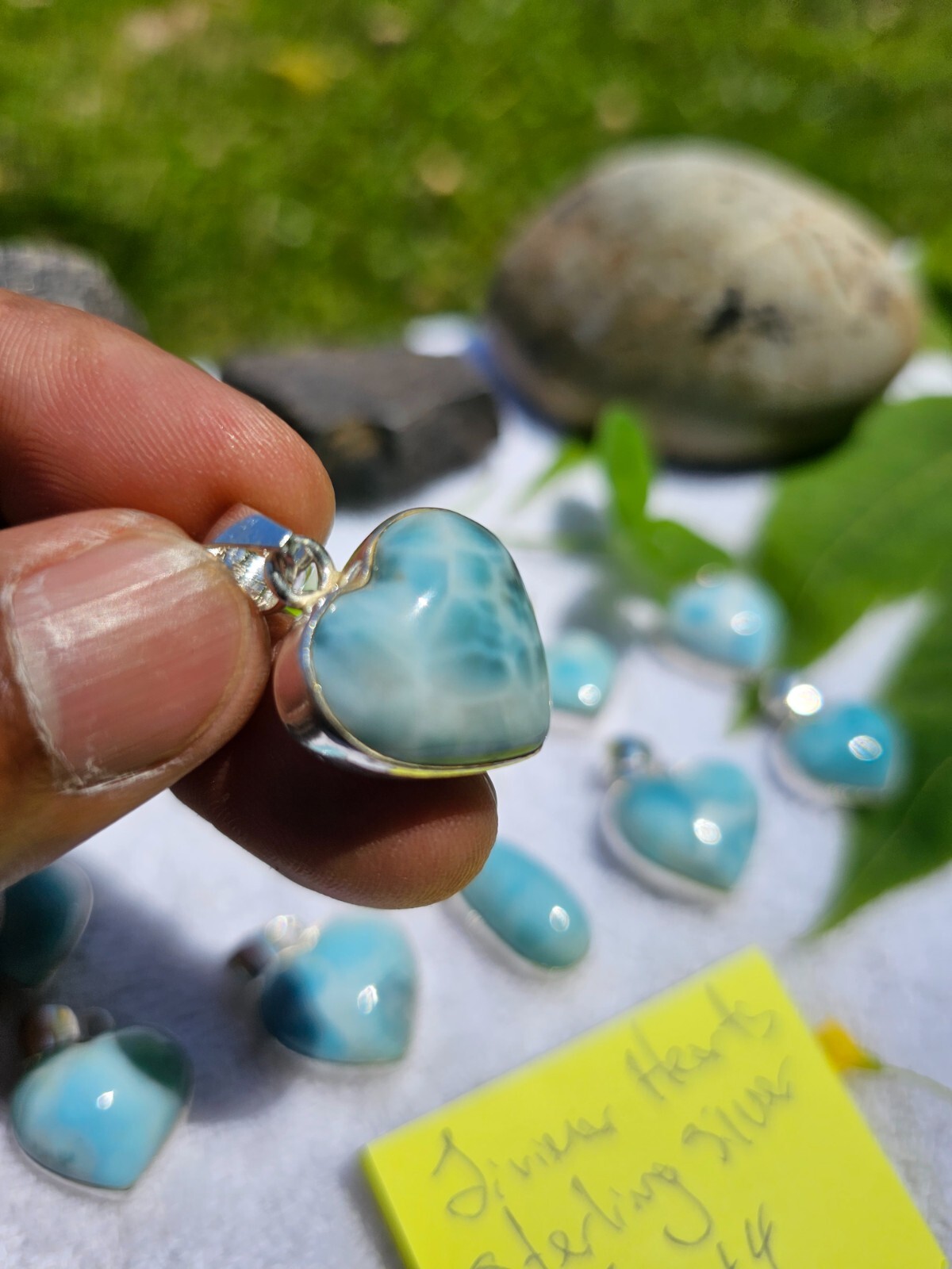 Lot of Larimar and Silver hearts cabochons, atlantis stone, larimar blue sky Lot of Larimar and Silver hearts cabochons, atlantis stone, larimar blue sky
