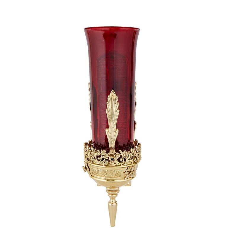 Sanctuary Lamp, Ornate Wall Mount Sanctuary Lamp with Ruby Glass Globe 12'' High