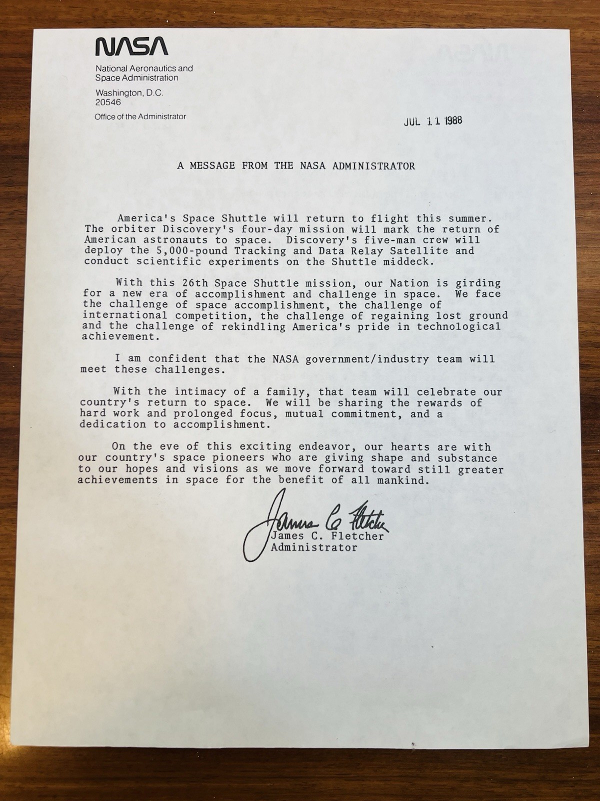 1988 NASA Double-Sided Official Letter – STS-26 Return to Flight 1988 NASA Double-Sided Official Letter – STS-26 Return to Flight
