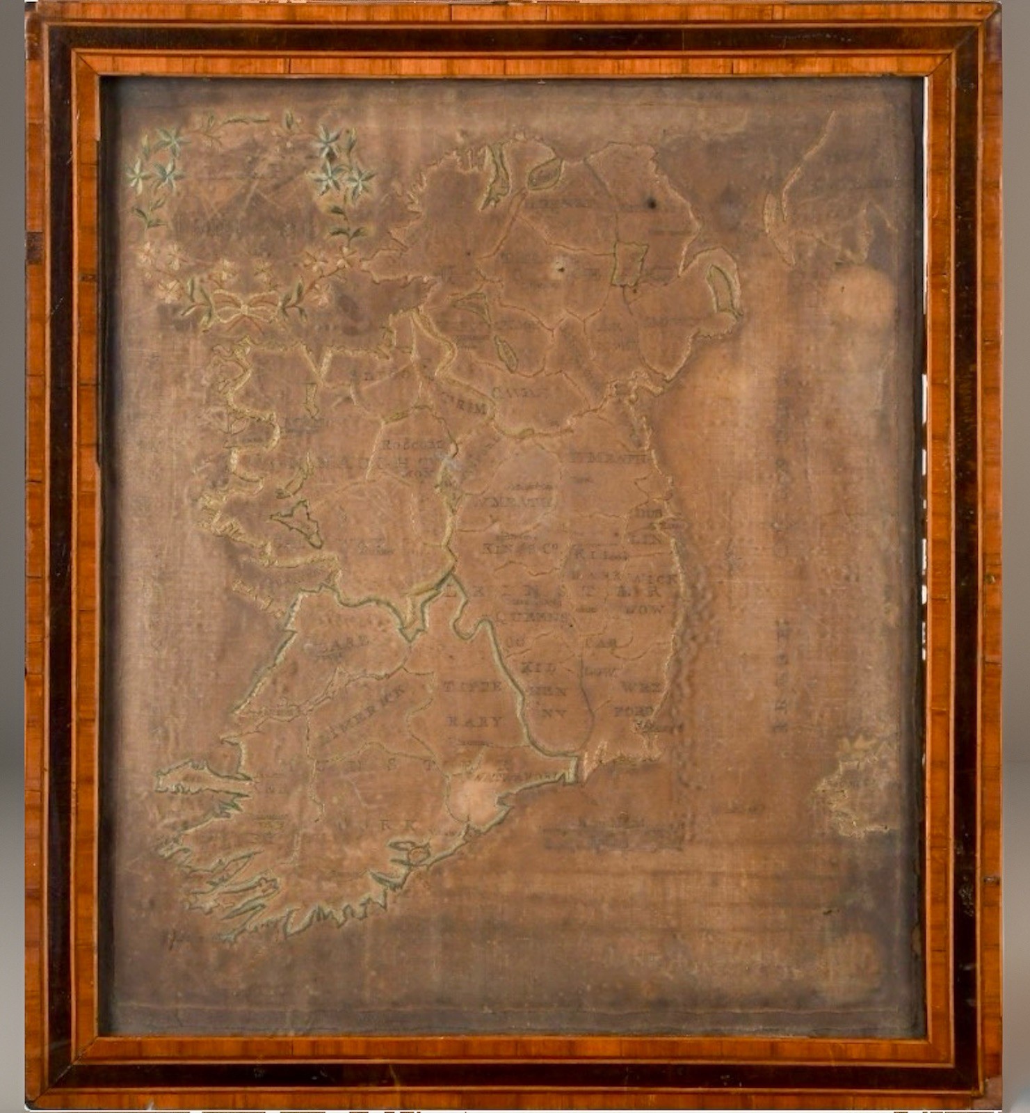 Rare Antique 18th C Needlework Map Of Ireland Sampler Georgian Marquetry Frame Rare Antique 18th C Needlework Map Of Ireland Sampler Georgian Marquetry Frame