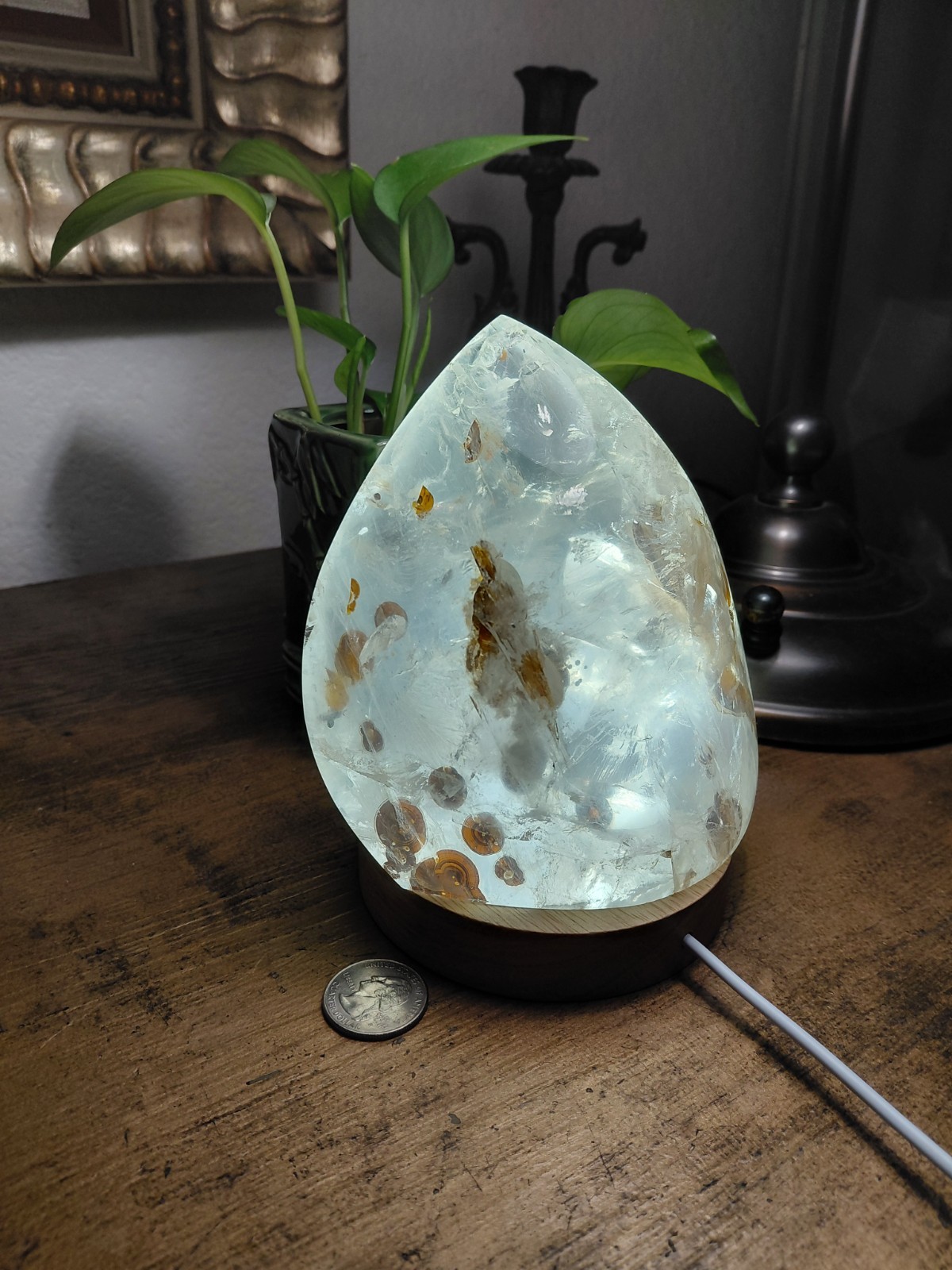 Girasol Quartz Crystal Flame with Many Mica Inclusions and Nightlight #E9197 Girasol Quartz Crystal Flame with Many Mica Inclusions and Nightlight #E9197