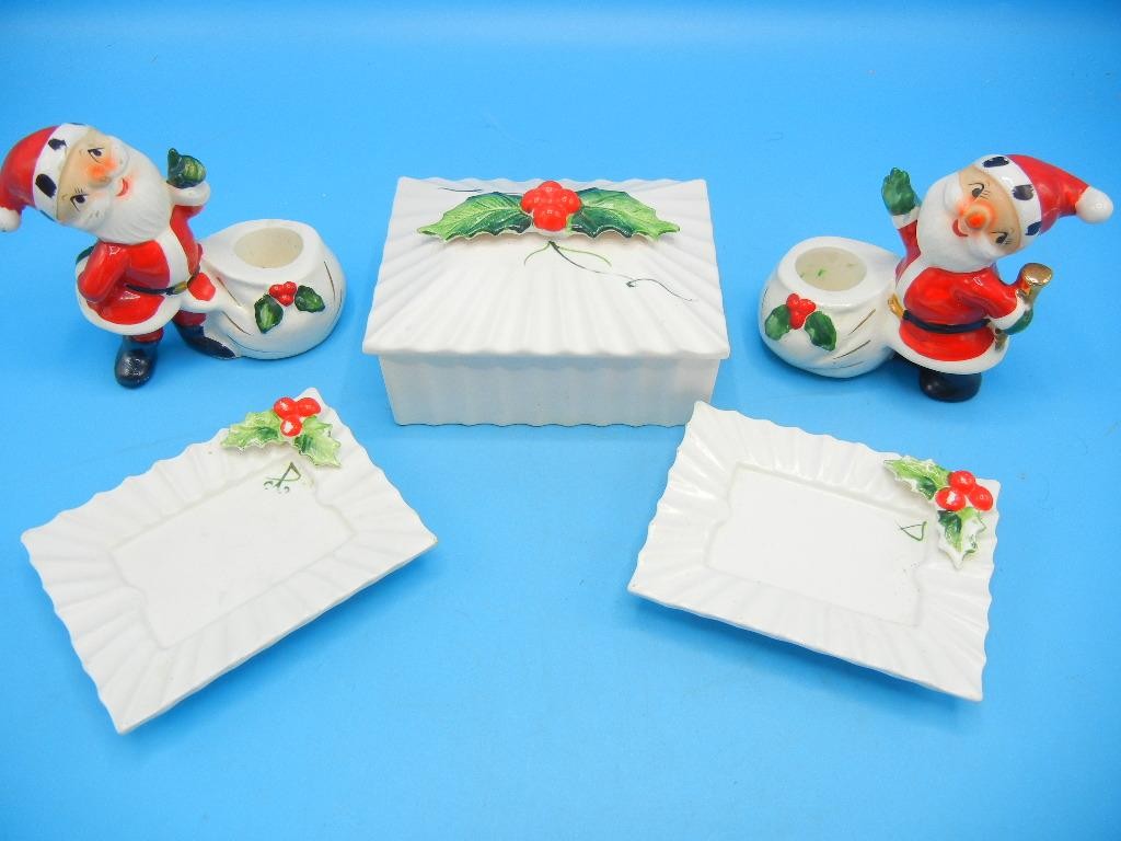 Vintage 1958-59 HOLT HOWARD Christmas Santa Candle Trinket Box Ashtrays Japan