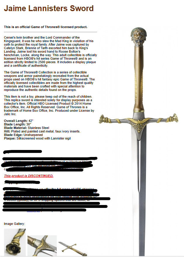 Jaime Lannister Sword limited to 2500 pieces