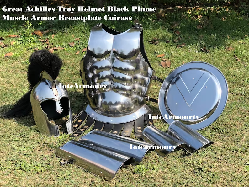 Great Achilles Troy Helmet Black Plume Muscle Armor Breastplate Spartan Shield
