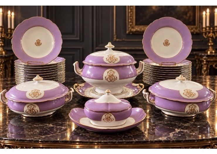 Antique Lerosey Paris Porcelain Dinner Service Lavender Plates Bowls Tureens Antique Lerosey Paris Porcelain Dinner Service Lavender Plates Bowls Tureens