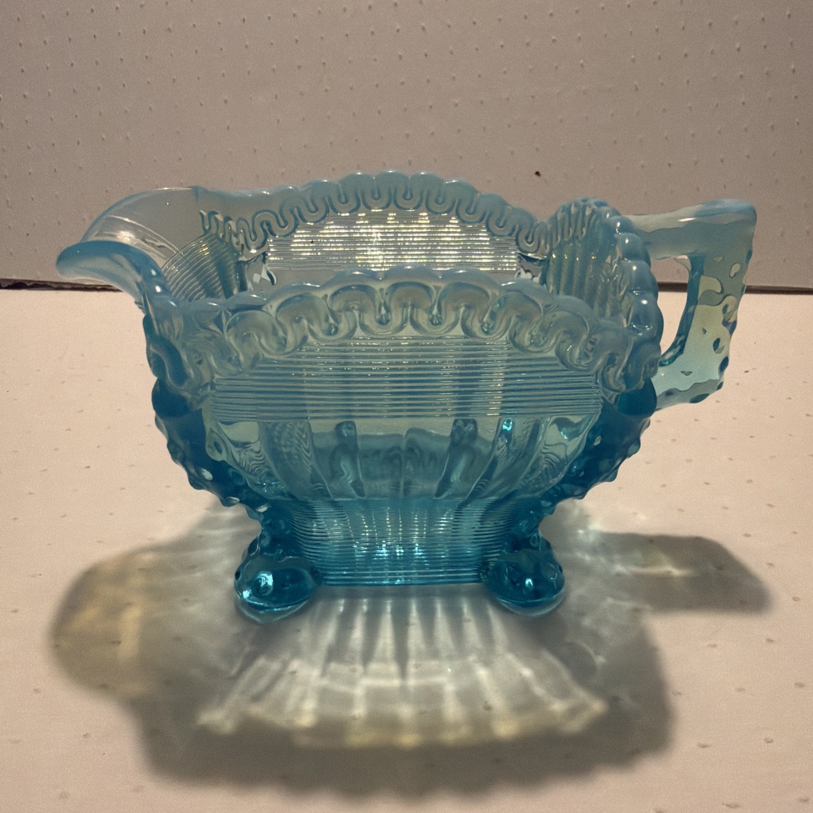Northwood Blue Opalescent Glass Antique Alaskan Lions Leg Vintage Creamer 6”W 3” Northwood Blue Opalescent Glass Antique Alaskan Lions Leg Vintage Creamer 6”W 3”
