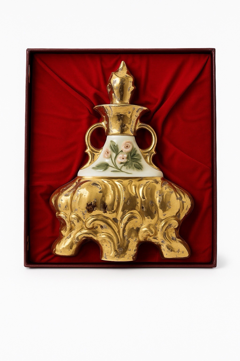 Jim Beam 175 Months Gold Ceramic Decanter W/Original Red Satin Display Box Jim Beam 175 Months Gold Ceramic Decanter W/Original Red Satin Display Box
