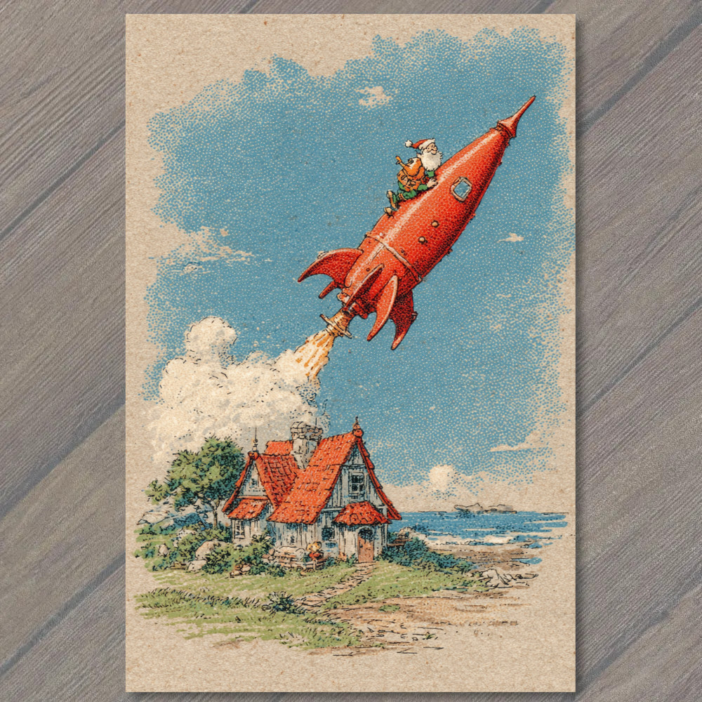 POSTCARD Santa Claus Riding Red Rocket Over Cottage Retro Christmas Fantasy POSTCARD Santa Claus Riding Red Rocket Over Cottage Retro Christmas Fantasy