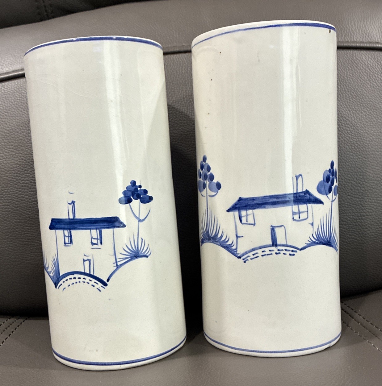 2 Vintage Portuguese Village Delft Style Blue White Hand Painted Ceramic Vase 2 Vintage Portuguese Village Delft Style Blue White Hand Painted Ceramic Vase