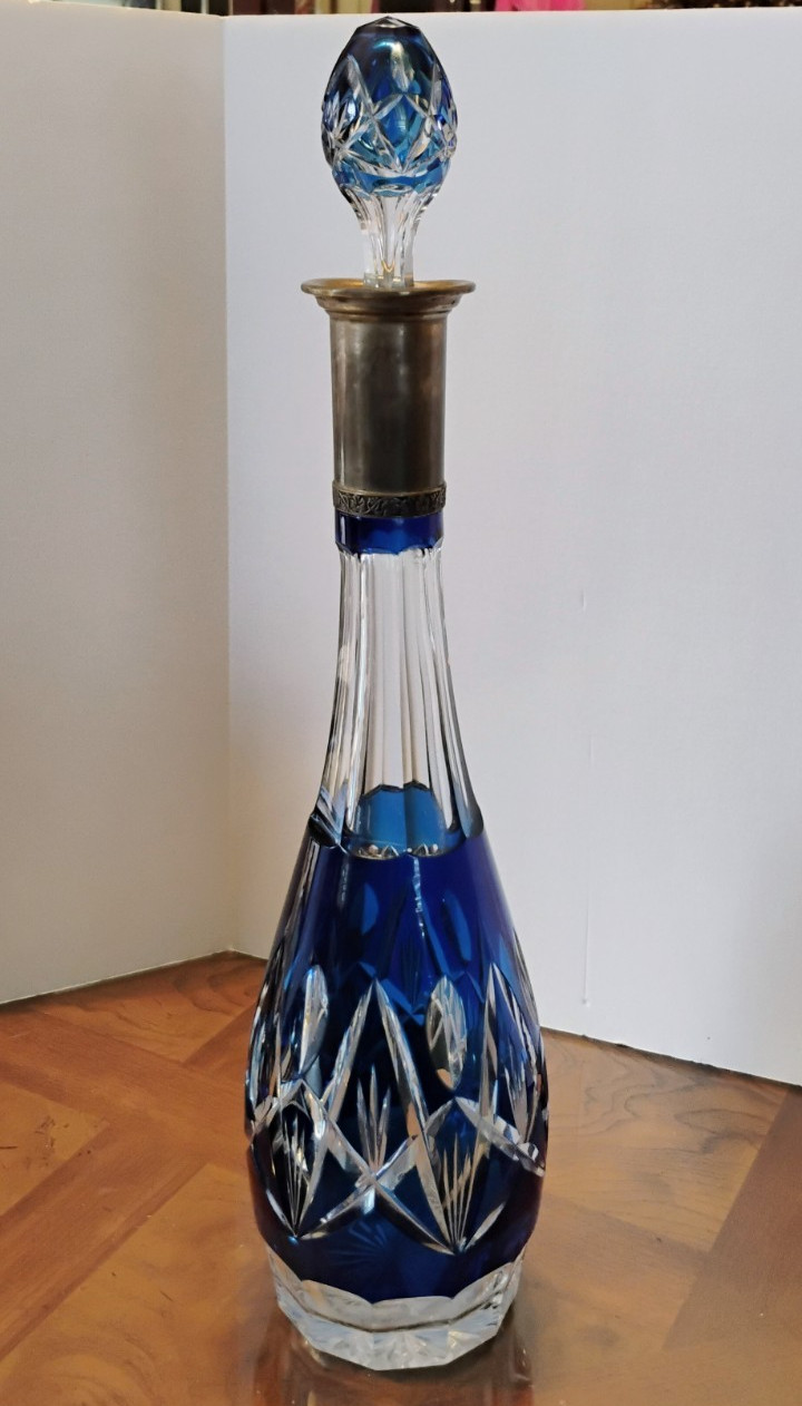 Vintage Val St. Lambert Cobalt Blue Crystal Wine Decanter Early 20th C. 17"