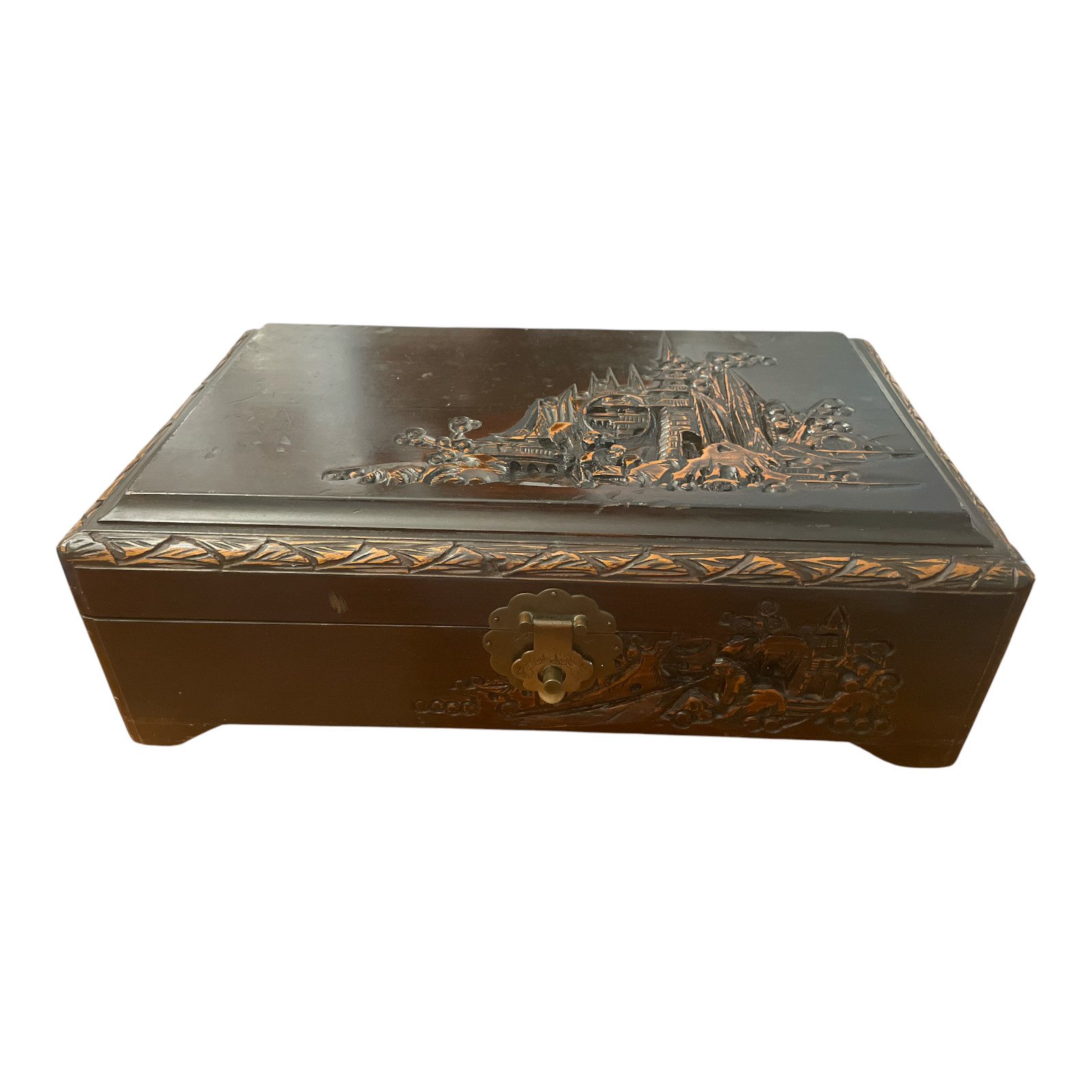 Vtg Chinese Handcarved Relief Camphorwood Mirrored Keepsake Jewelry Chest 14"