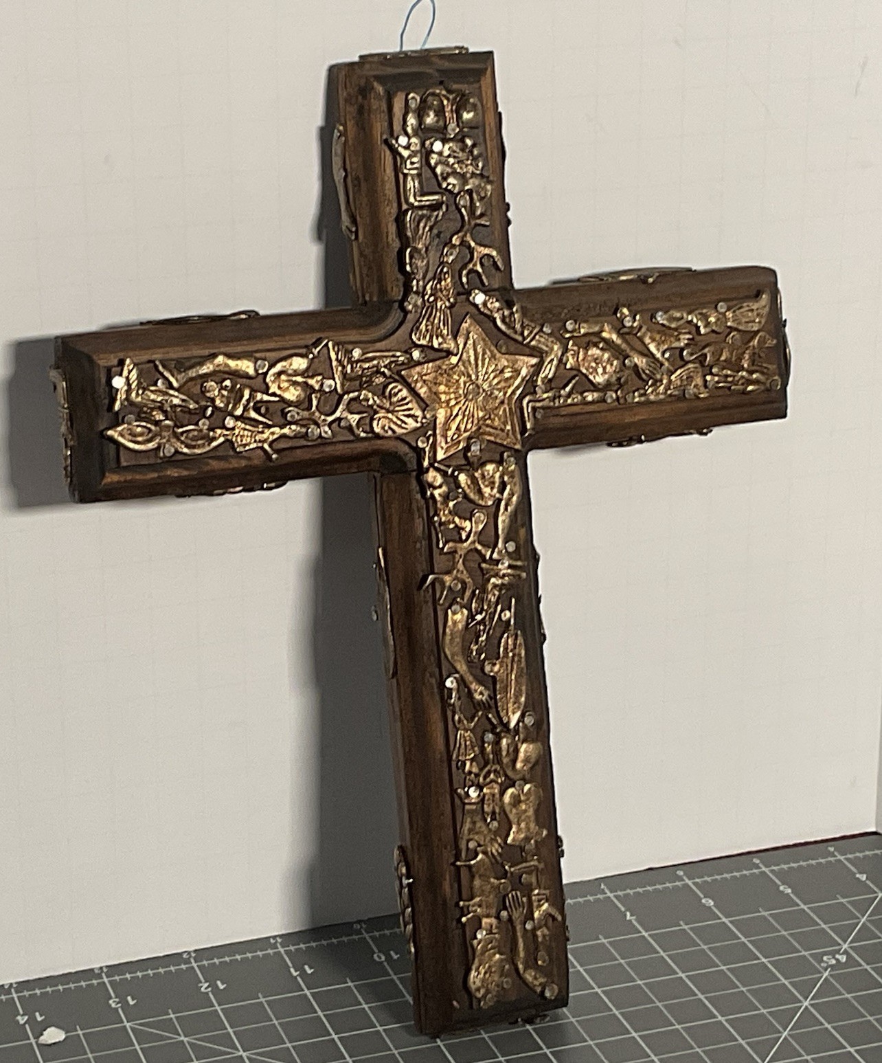 Vintage Large Mexican Milagro Cross Wood Brass Metal Charms Hecho A Mano 12” Vintage Large Mexican Milagro Cross Wood Brass Metal Charms Hecho A Mano 12”