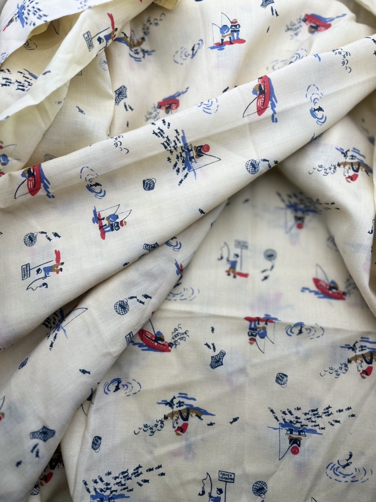 Vintage 1960s German Fabric; "Fischen verboten" (Fishing Forbidden ), 2 yards 
