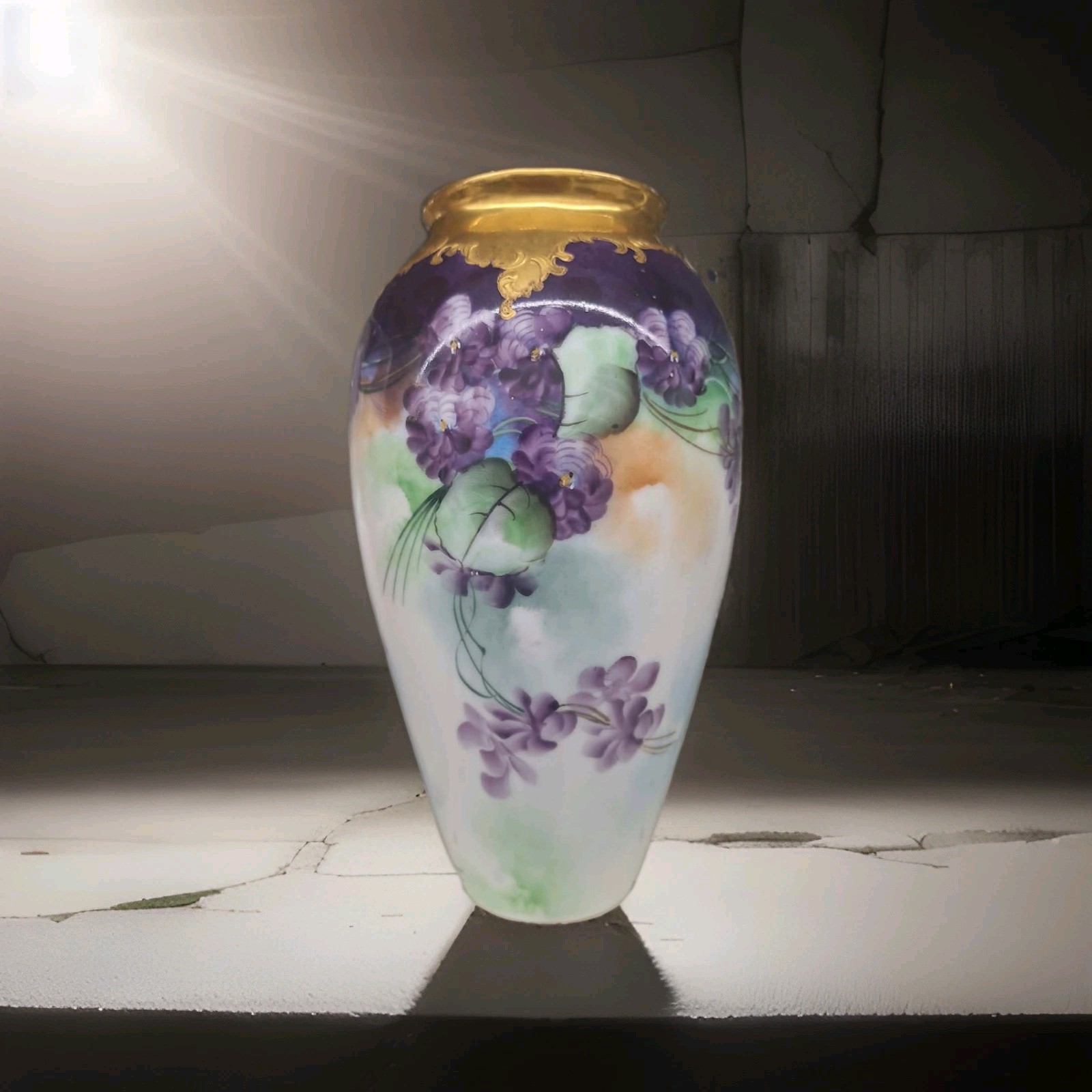 Vintage Limoges Hand Painted Porcelain Vase Purple Violets & Gold Signed Suken Vintage Limoges Hand Painted Porcelain Vase Purple Violets & Gold Signed Suken