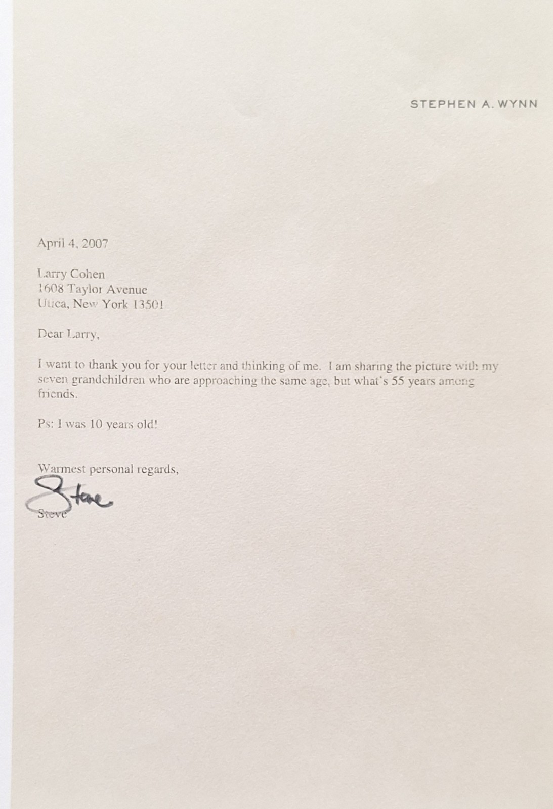 Framed personal letter, Steve Wynn, Las Vegas Casino Developer with orig env. Framed personal letter, Steve Wynn, Las Vegas Casino Developer with orig env.