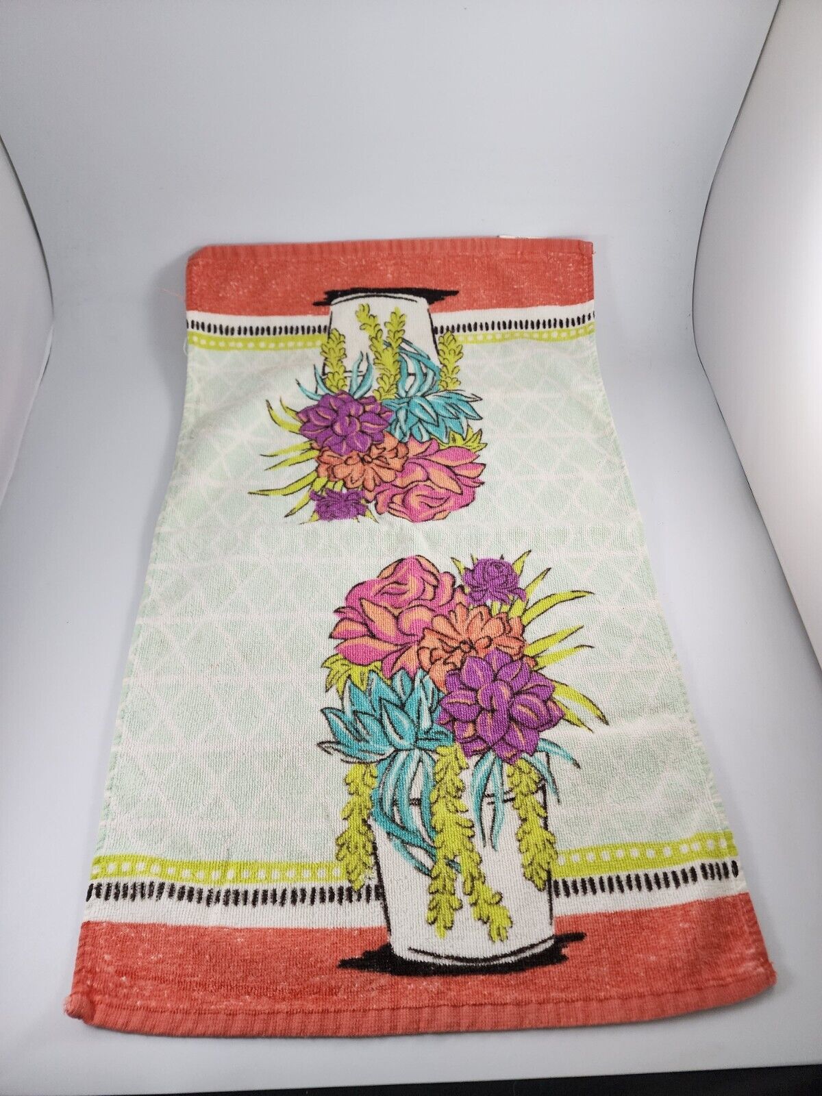 Vtg Terry Cloth Dish Tea Towel Orange Pink Blue Green Floral in Vase Retro