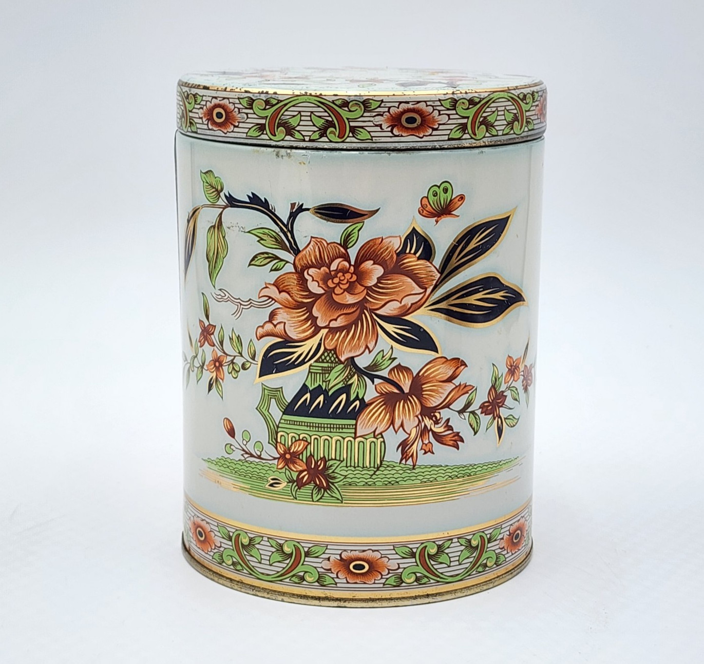 Vintage 1970s Daher Peony Butterfly Tea Tin Canister England Chinoiserie Vintage 1970s Daher Peony Butterfly Tea Tin Canister England Chinoiserie