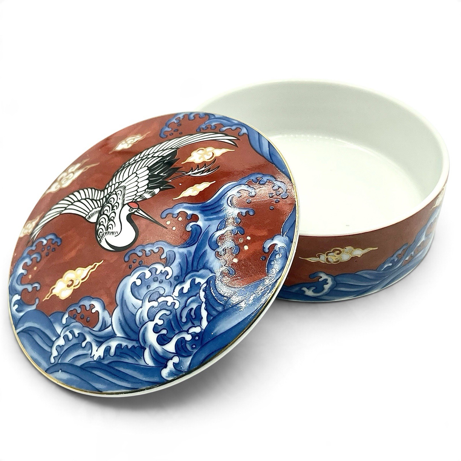 Vtg TAKAHASHI Japanese Porcelain Round Trinket Box Crane Bird Ocean Waves EUC Vtg TAKAHASHI Japanese Porcelain Round Trinket Box Crane Bird Ocean Waves EUC