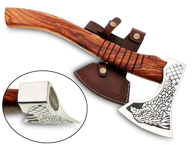Custom Hand Forged Viking Axe Dragon Etched Steel Hatchet Wood Handle Camping To