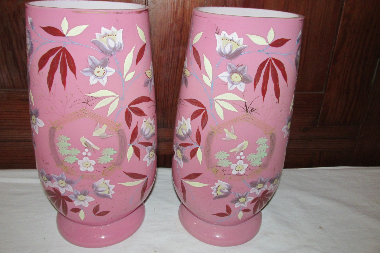 Antique Cased Pink HAND PAINTED Victorian Vases Pair Vintage 11 3/4" Tall Antique Cased Pink HAND PAINTED Victorian Vases Pair Vintage 11 3/4" Tall