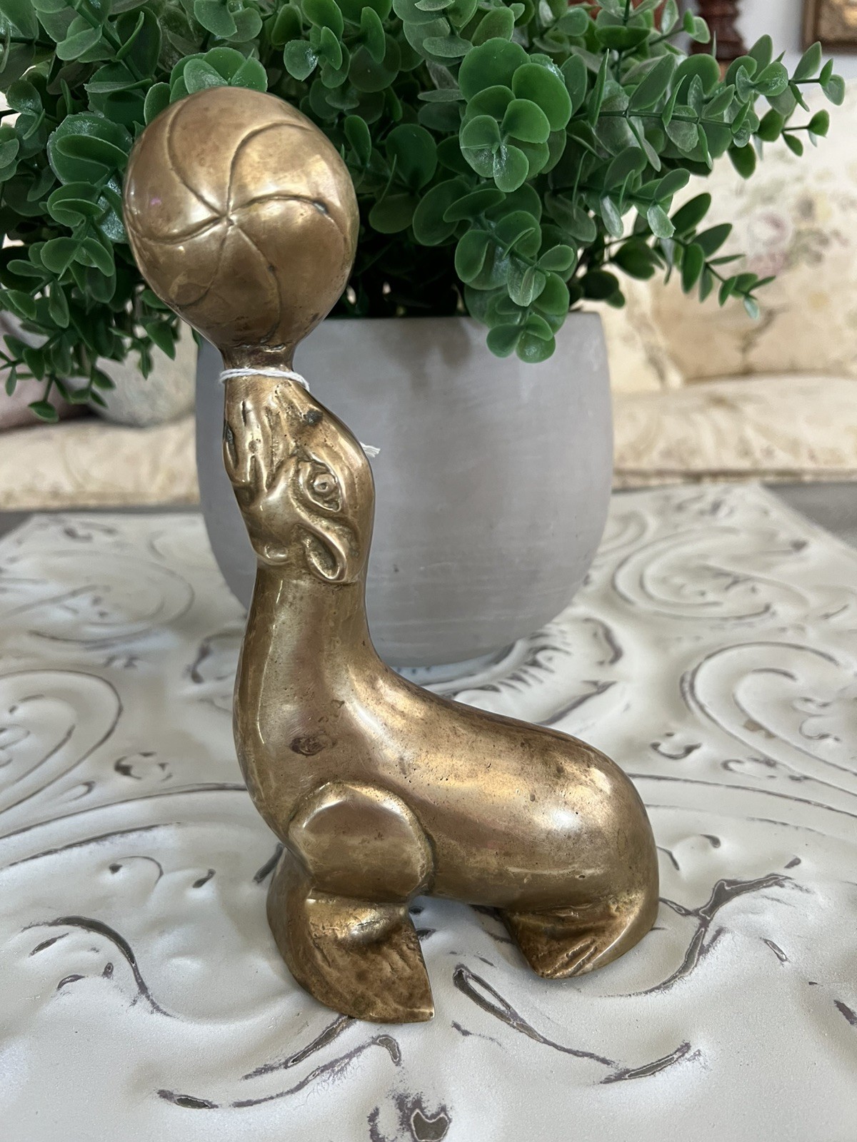 Vintage Solid Tall Brass Seal Lion Seal With Ball Figurine 8" Tall Paperweight