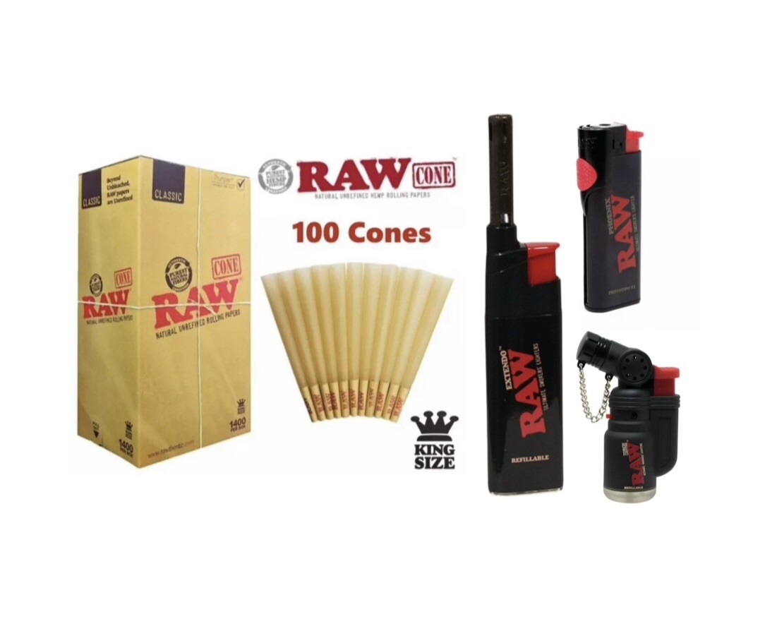 RAW Classic King Size Pre-Rolled Cone + Raw Torch Raw Phoenix Extendo Lighter