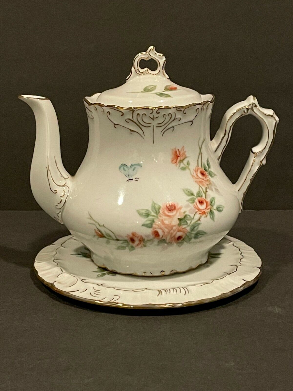 Mary Lou Goertzen Roses & Butterfly Porcelain TeaPot with Plate Stand Signed 198