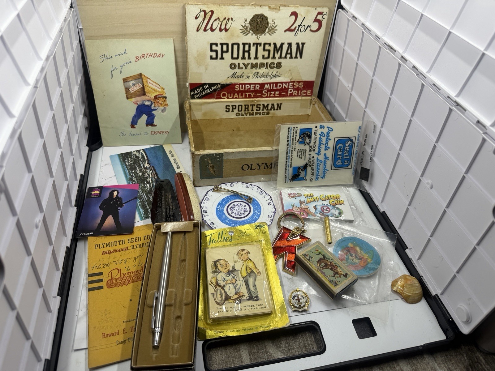 Vintage Estate Junk Drawer Lot Mid Century Cigar Box Ephemera Advertising Pins