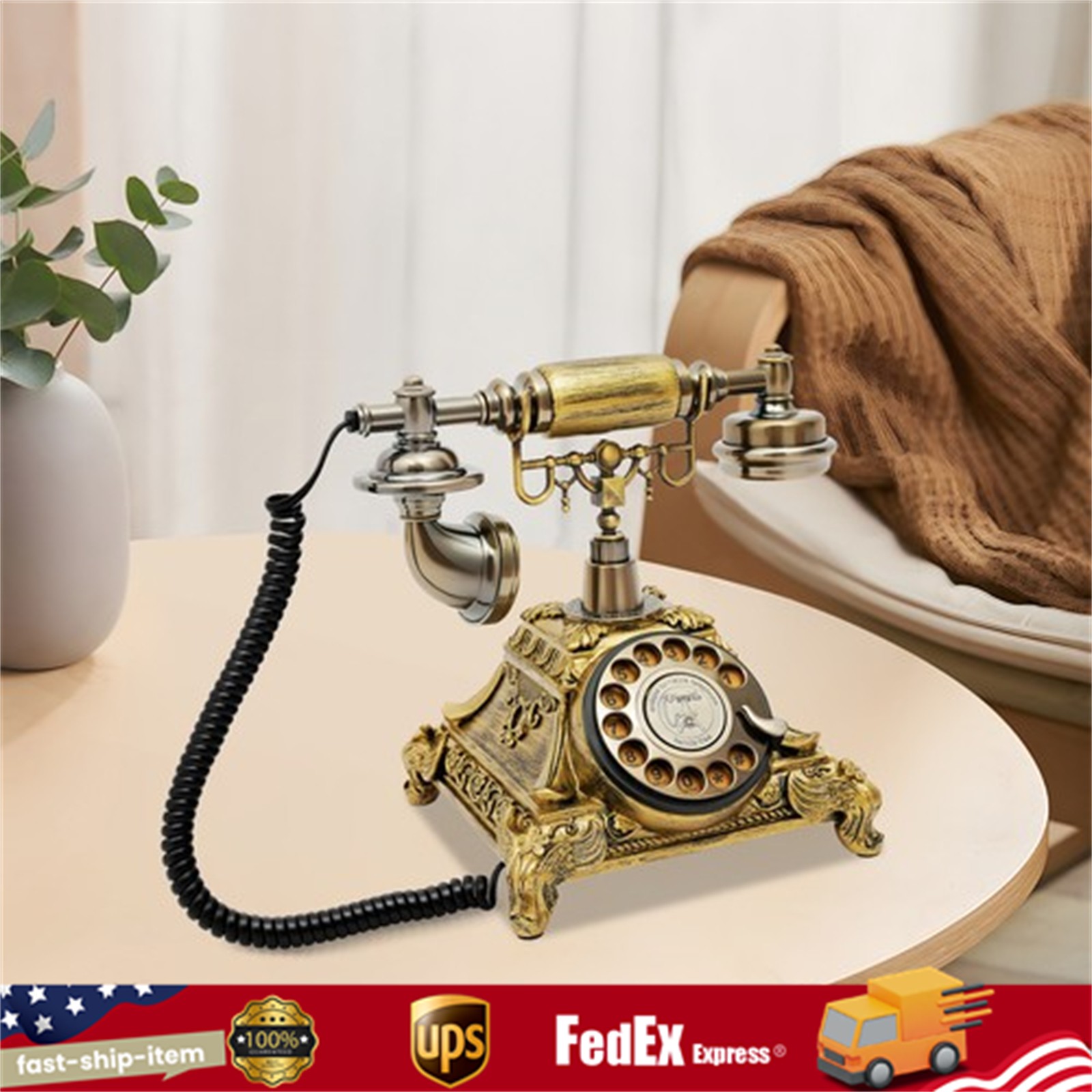 Vintage Gold Rotary Corded Desk Phone Retro-Style Landline Telephone Vintage Gold Rotary Corded Desk Phone Retro-Style Landline Telephone