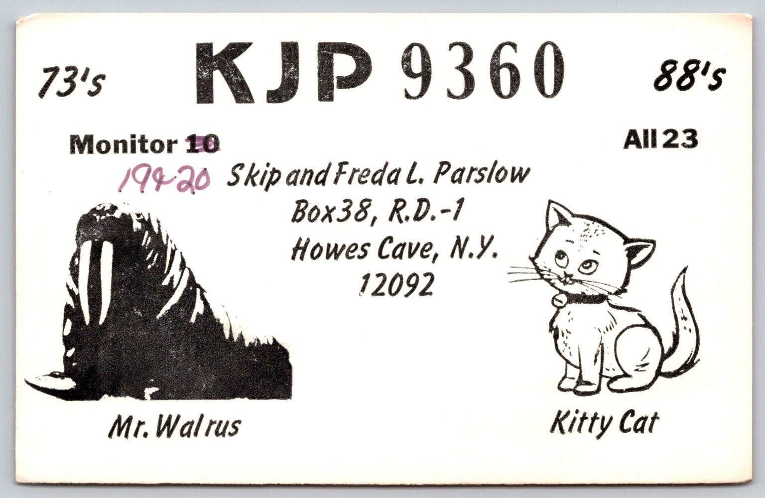 Vintage Howes Cave NY Ham Radio QSL Card KJP 9360 Mr. Walrus Kitty Cat B179 Vintage Howes Cave NY Ham Radio QSL Card KJP 9360 Mr. Walrus Kitty Cat B179