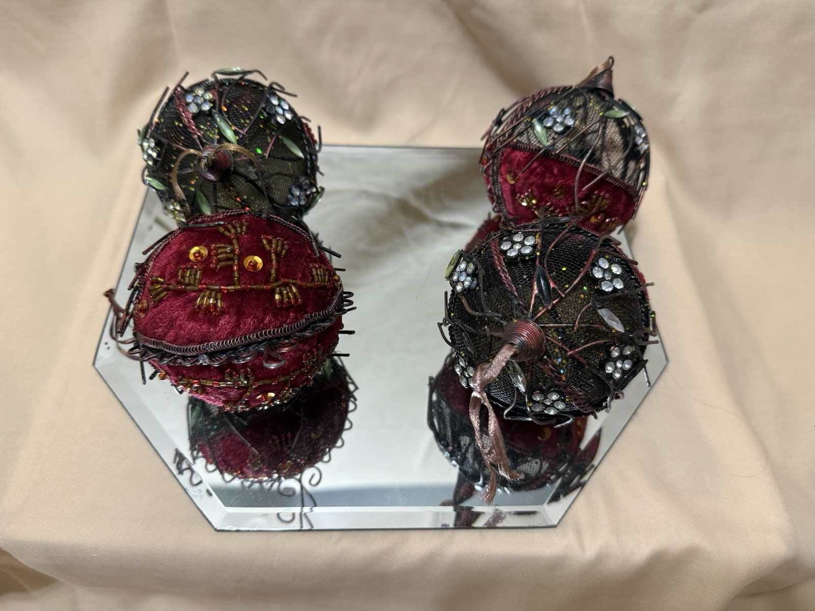 Vintage Victorian Gothic Burgundy Velvet Wire Wrapped Christmas Ornaments Set