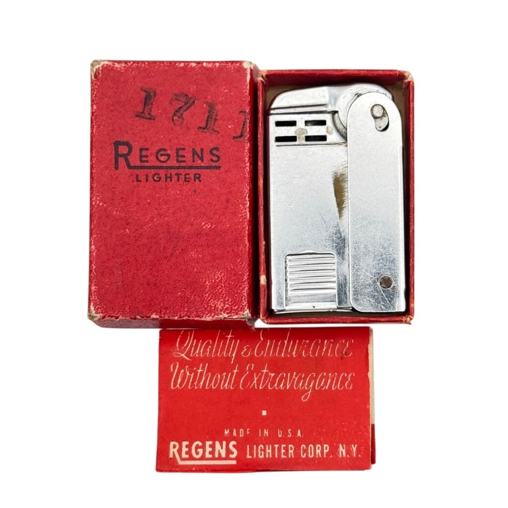 Vintage Regens No. 100 Chrome Pocket Lighter Red Box & Paper Insert Included Vintage Regens No. 100 Chrome Pocket Lighter Red Box & Paper Insert Included
