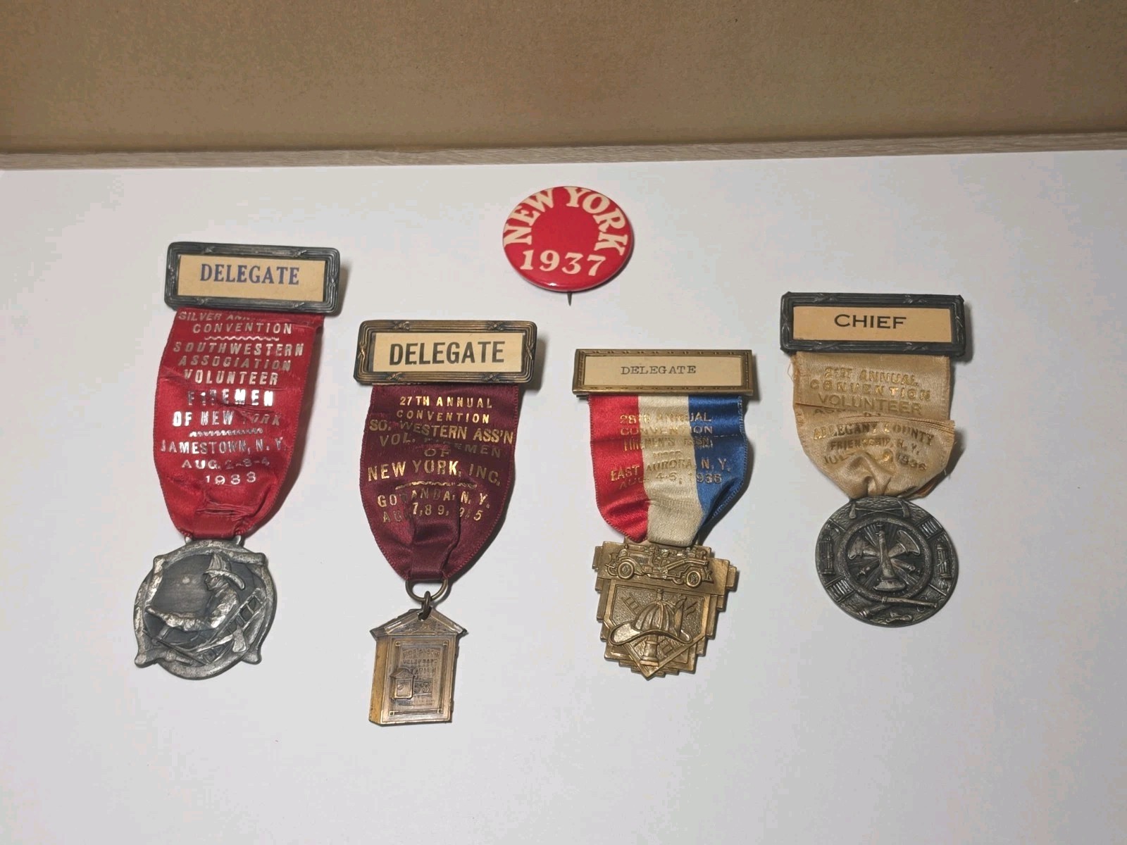Collection of Vintage Firemen Convention Delegate Badges (c. 1933-1936) New York Collection of Vintage Firemen Convention Delegate Badges (c. 1933-1936) New York