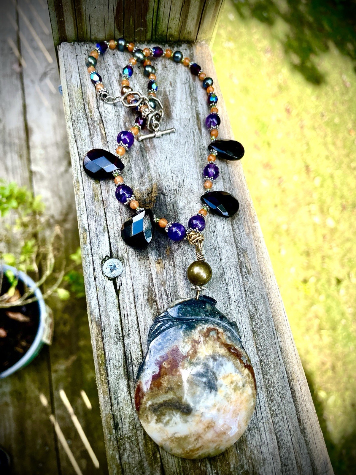 Handmade Amethyst Necklace Gorgeous Stone Of A Porpoise On A Stormy Sea, Pearls Handmade Amethyst Necklace Gorgeous Stone Of A Porpoise On A Stormy Sea, Pearls