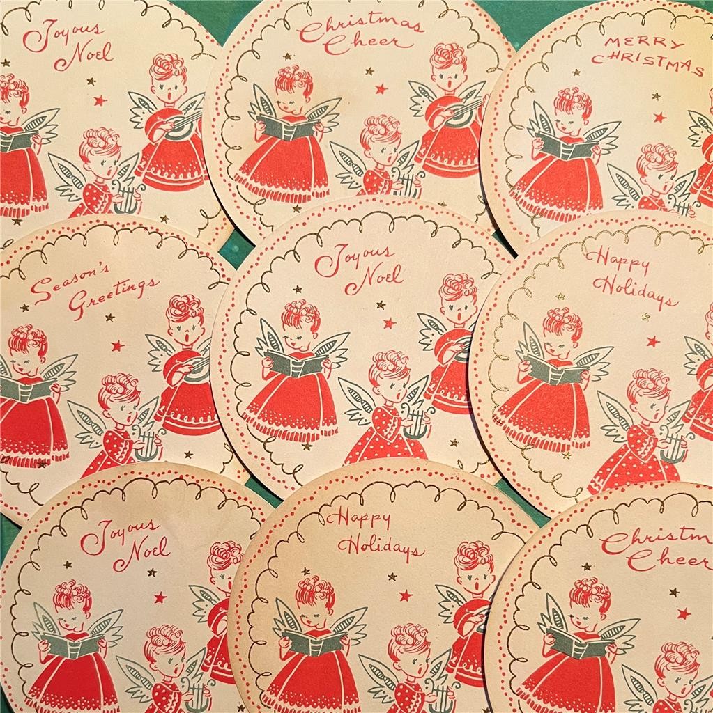 Vtg Mid Century XMAS ANGEL Lot 9 Paper Coasters Tags Embellishments MCM Gold 50s Vtg Mid Century XMAS ANGEL Lot 9 Paper Coasters Tags Embellishments MCM Gold 50s
