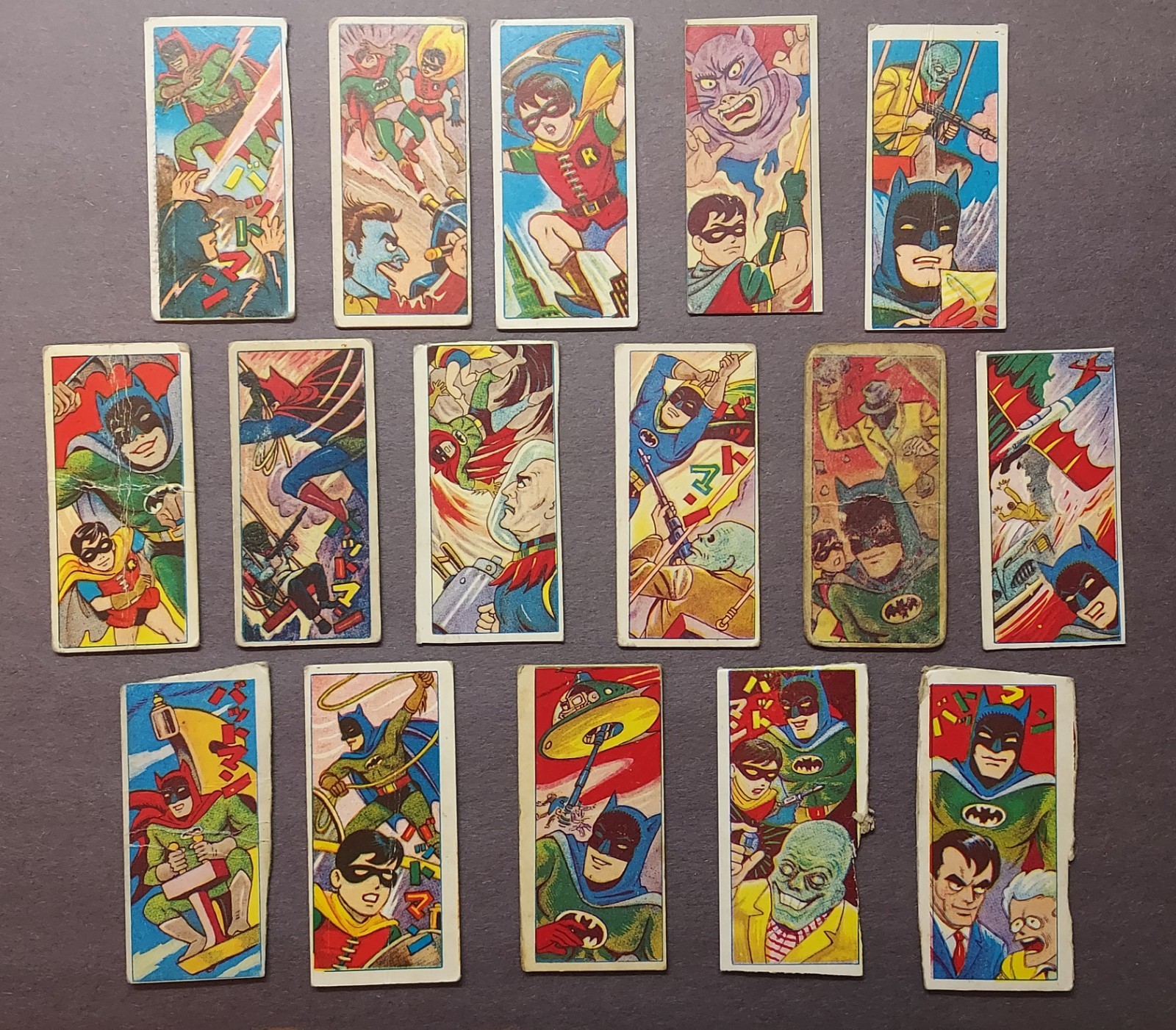 Complete Set of 16 1960s Vintage Japanese Batman Robin Bat-Manga Menko Cards DC Complete Set of 16 1960s Vintage Japanese Batman Robin Bat-Manga Menko Cards DC