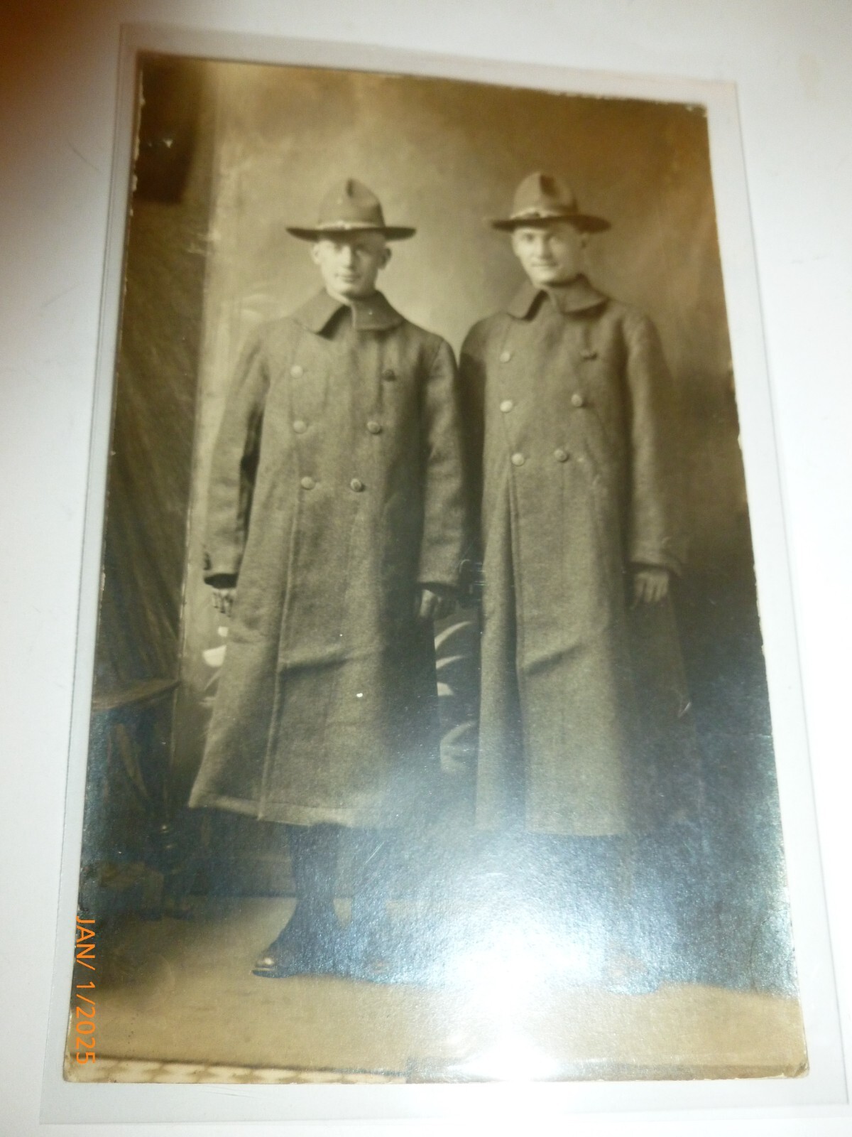 Vintage WWI RPPC 1918 US Soldiers Greatcoats Campaign Hats Military Postcard Vintage WWI RPPC 1918 US Soldiers Greatcoats Campaign Hats Military Postcard