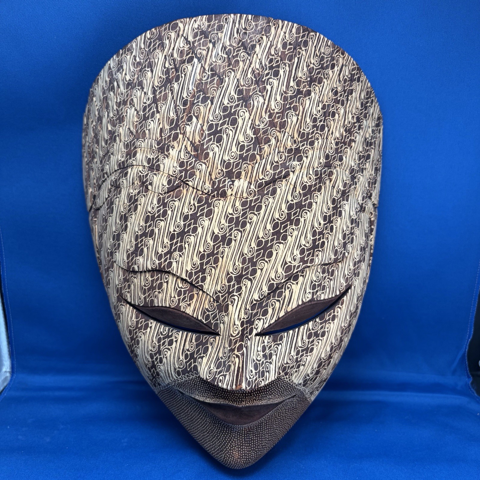 Batik Mask, Javanese, Dark Brown and White, Reduced Version,  Approx 11.5" by 9"
