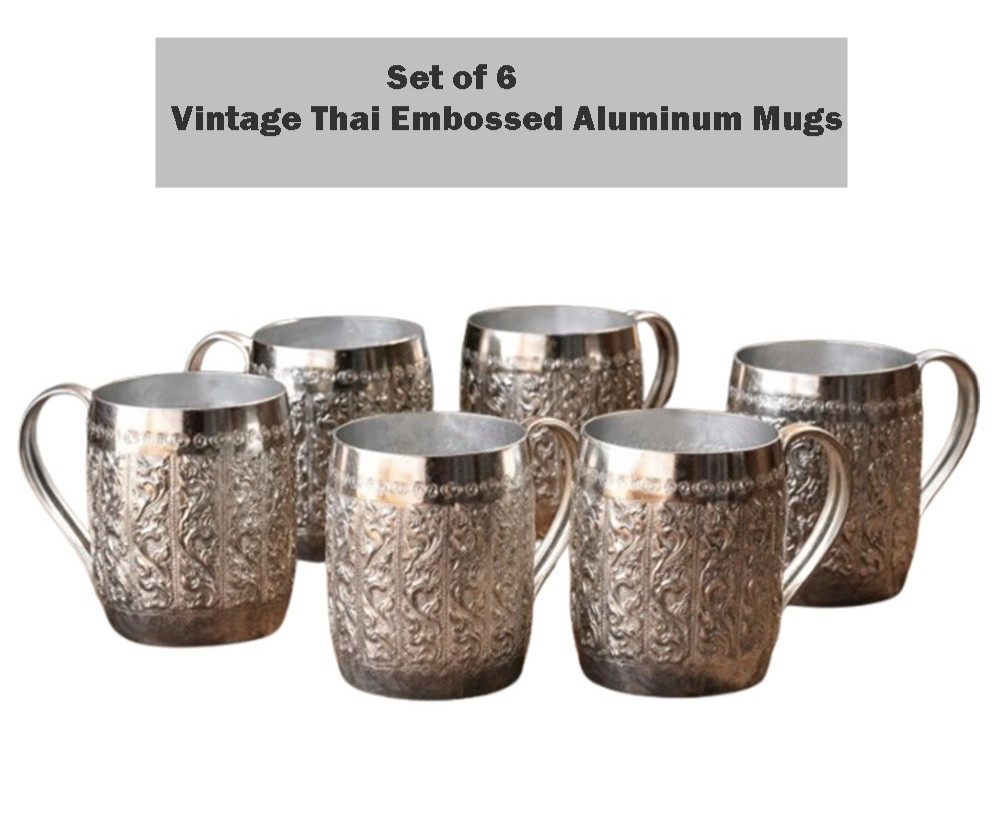 Traditional Thai Embossed Aluminum Mug Set of 6 w/ Handle Gift Collectible 9 oz
