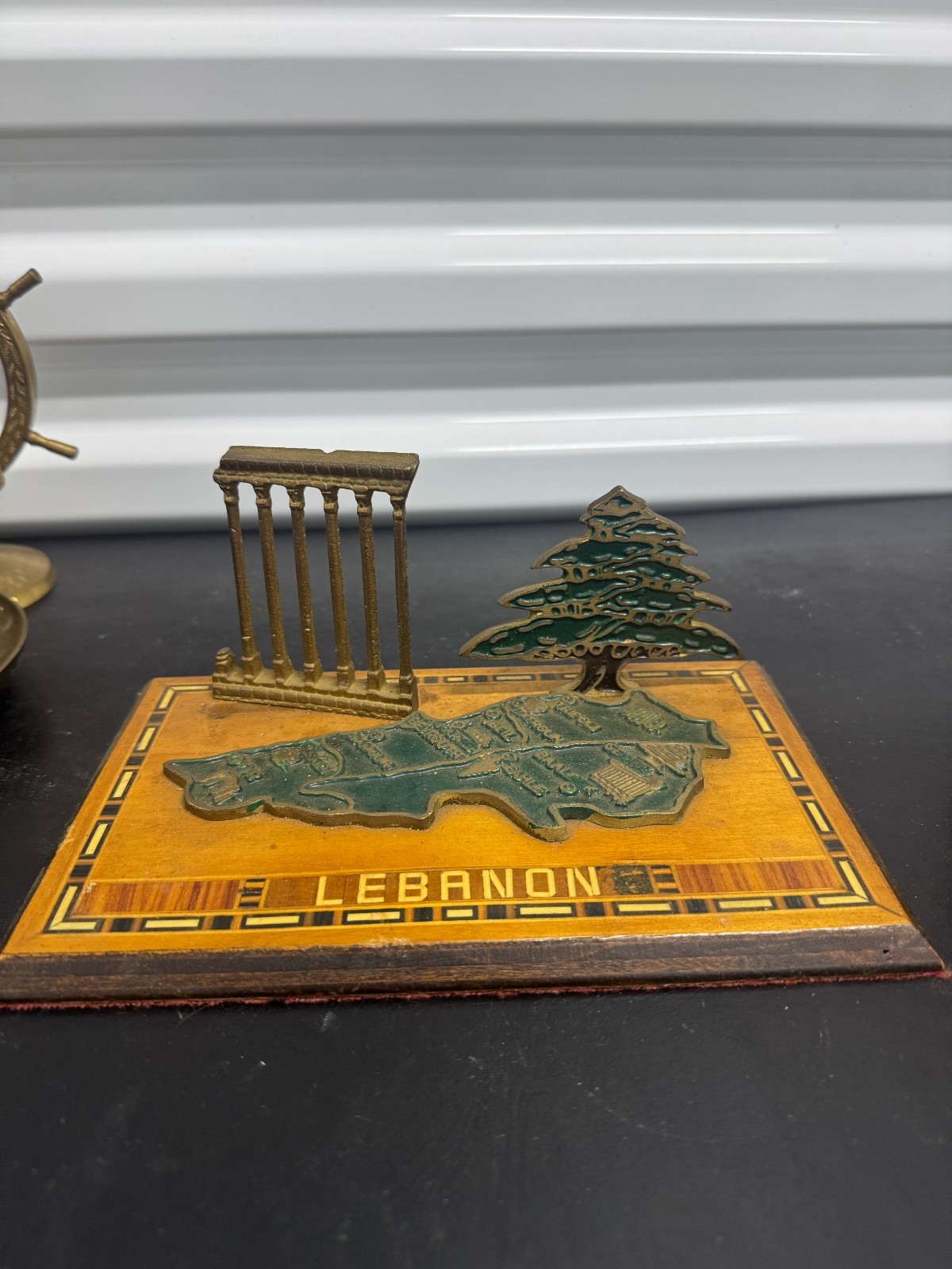 Vintage Lebanon Brass Wood Green Map Cedar Tree Souvenir