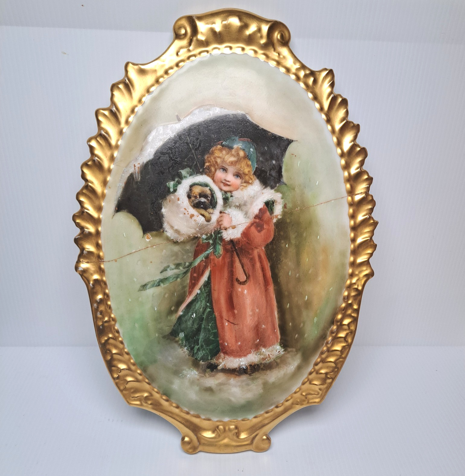 Antique Limoges Hand-Painted Wall Porcelain Plaque Girl Holding Dog 13.5x9.25" Antique Limoges Hand-Painted Wall Porcelain Plaque Girl Holding Dog 13.5x9.25"